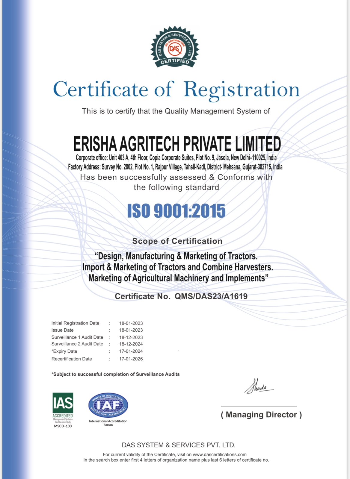 Erisha Agritech obtained ISO9001:2015